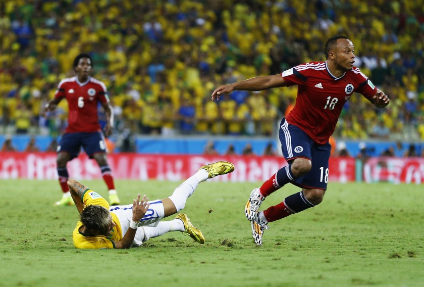 Brazilu00e2u20acu2122s Neymar (left) falls after being fouled by Colombiau00e2u20acu2122s Camilo Zuniga during their World Cup quarter-finals in Fortaleza July 4, 2014. u00e2u20acu201dReuters pic