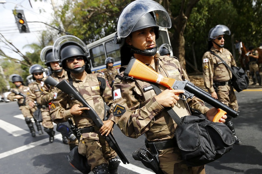 Brazilian police officers arrive for the World Cup semi-final match Brazil against Germany, ouside Estadio Mineirao in Belo Horizonte July 8, 2014. u00e2u20acu201du00c2u00a0Reuters pic
