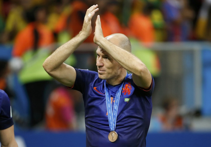 Arjen Robben of the Netherlands claps after the 2014 World Cup third-place playoff between Brazil and the Netherlands at the Brasilia national stadium in Brasilia July 13, 2014.u00c2u00a0u00e2u20acu201du00c2u00a0Reuters pic