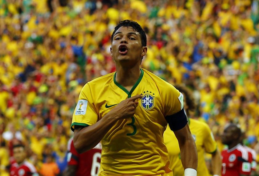 Brazil's Thiago Silva celebrates after scoring against Colombia during their 2014 World Cup quarter-finals at the Castelao arena in Fortaleza July 4, 2014. u00e2u20acu201d Reuters pic