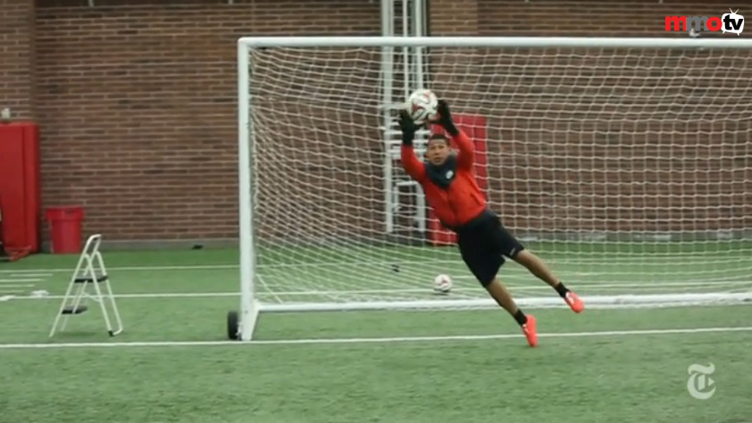United States' goalkeeper Nick Rimando speaks to New York Times about his free kick strategy in this screenshot from 'Penalty kick strategy' video.