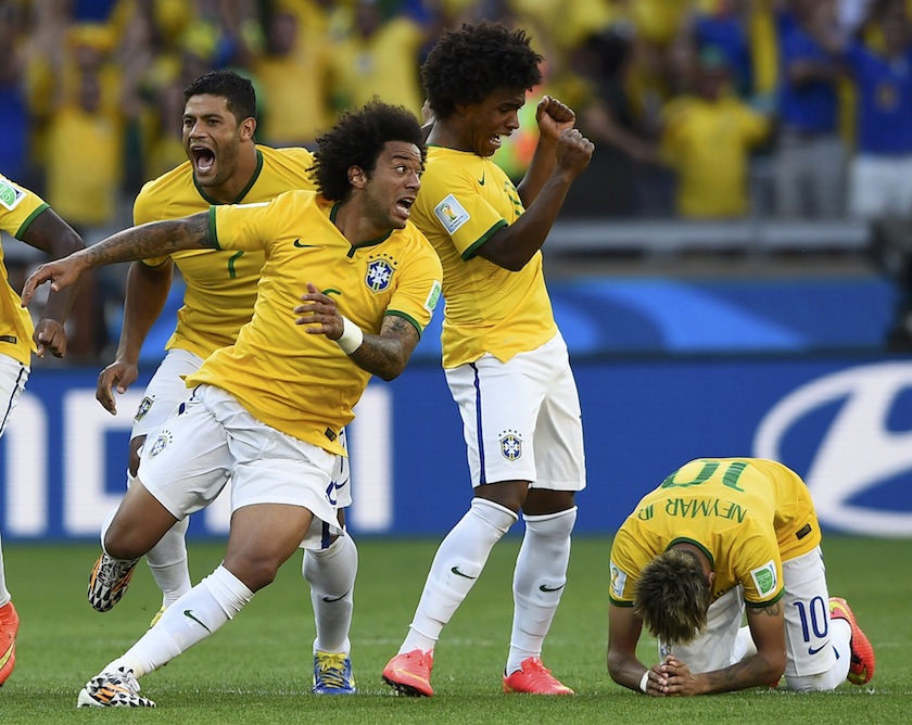 (From left) Marcelo, Hulk, Willian and Neymar react after watching Chile miss during a penalty shootout in their 2014 World Cup round of 16 game at the Mineirao stadium in Belo Horizonte June 29, 2014. u00e2u20acu201du00c2u00a0Reuters pic