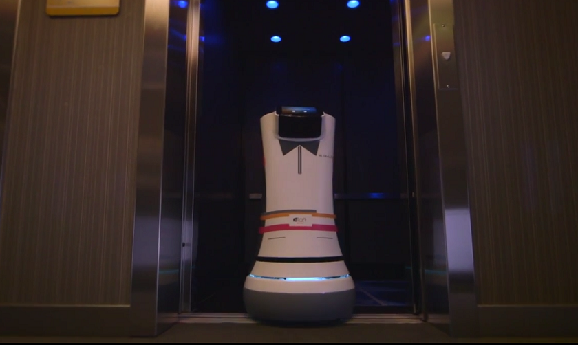 A screen capture of the video showing Aloft hotelu00e2u20acu2122s robot Butler A.L.O.