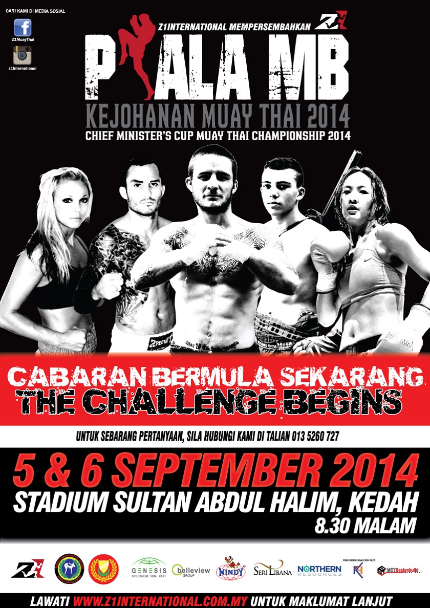A screenshot of the promotional advertisements for the Z1 International 2014 Mentri Besar Muay Thai Tournament, which features pictures of both men and women fighters.