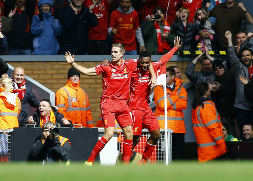 Liverpool's Sturridge and team mate Henderson celebrate scoring a goal against Southampton during their English Premier League soccer match in Liverpool. u00e2u20acu201d Reuters pic