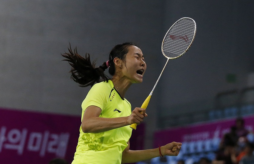 Chinau00e2u20acu02dcs Wang Yihan reacts after defeating Chinau00e2u20acu02dcs Li Xuerui in the womenu00e2u20acu2122s singles gold medal badminton match at Gyeyang Gymnasium at the 17th Asian Games in Incheon September 28, 2014. u00e2u20acu201d Reuters pic