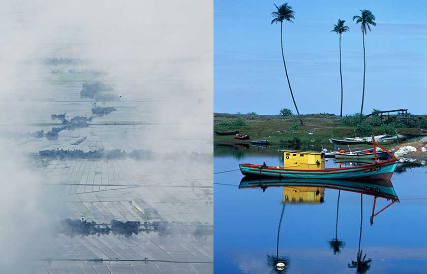 Misty clouds of the paddy fields of Gunung Jerai (left). An idyllic scene in Kampung Sg. Ular (right).