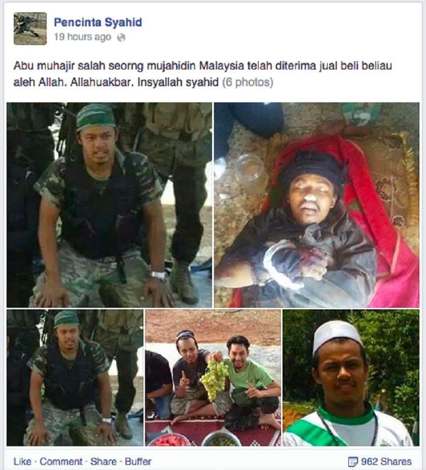A screen capture of the status update showing photos  of u00e2u20acu02dcAbu Muhajiru00e2u20acu2122su00e2u20acu2122 burial. 'Abu Muhajir' was believed to be 21-year old Mohamad Fadlan Shah from Kulim,