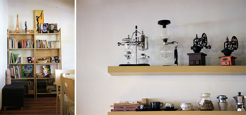 Await Café offers plenty of books and magazines to browse through (left). A wide array of coffee brewing equipment at Await Café (right)