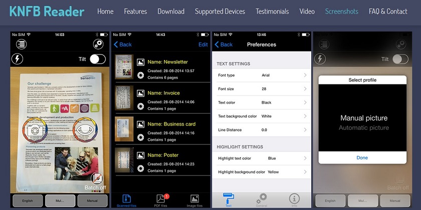 A screengrab of the KNFB Reader app that takes advantage of new pattern recognition and image-processing technology to allow blind people to listen to an audio readback of printed text.