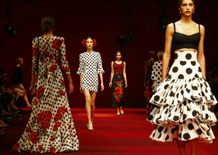 A model present a creation from the Dolce & Gabbana Spring/Summer 2015 collection during Milan Fashion week September 21, 2014. 