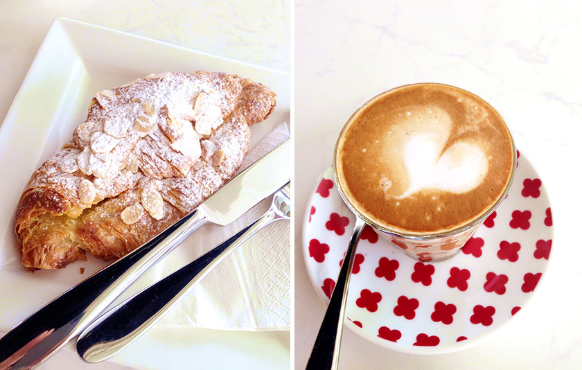 Don’t miss the almond croissant at Encore Patisserie Café (left). A simple piccolo latte at Encore Patisserie Café (right)