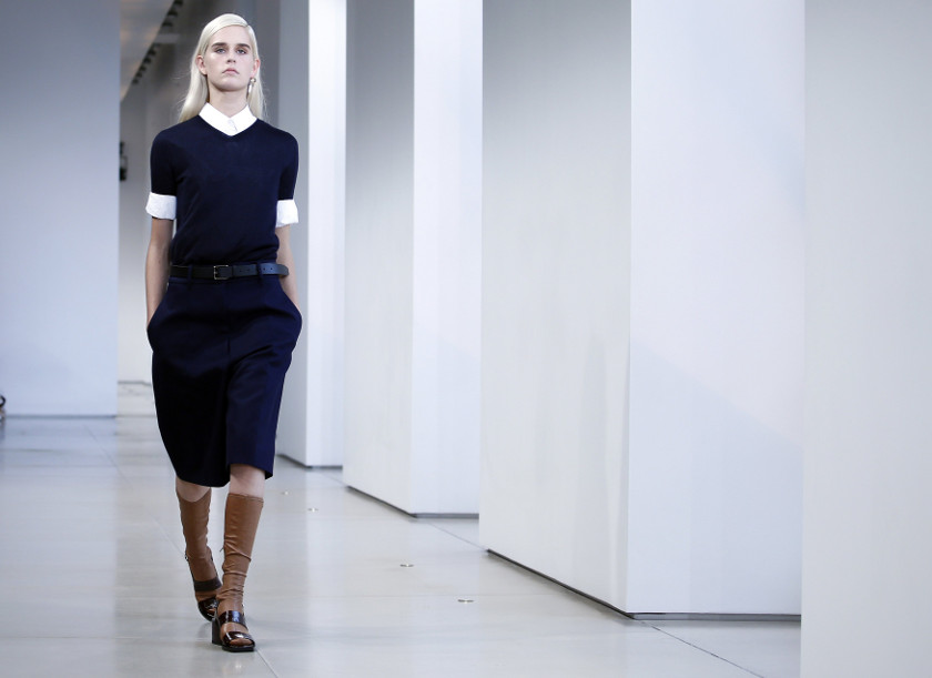 A model presents a creation from the Jil Sander Spring/Summer 2015 collection during Milan Fashion week September 20, 2014.