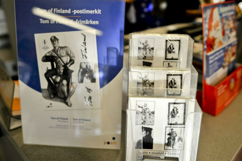 A set of homoerotic Finnish stamps featuring images by gay icon and artist Tom of Finland on sale at a post office in Helsinki. u00e2u20acu201d AFP pic 
