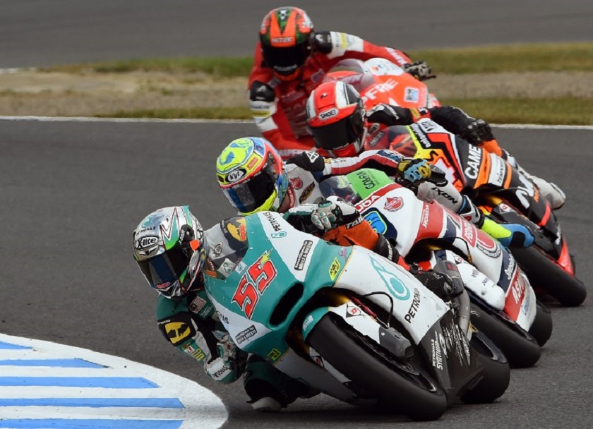 Petronas Raceline Malaysia rider Hafizh Syahrin (front) leads Xavier Simeon of Belgium, Mattia Pasini of Italy and Jordi Torres of Spain at the MotoGP Japanese Grand Prix in Motegi, Japan October 12, 2014. u00e2u20acu201d AFP pic