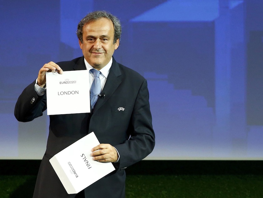 UEFA President Michel Platini shows the name of London after it was chosen to host the finals of Euro 2020 during a ceremony in Geneva September 19, 2014. u00e2u20acu201du00c2u00a0Reuters pic