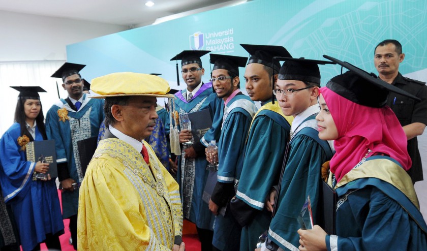 Tengku Abdullah Sultan Ahmad Shah, who is Chancellor of Universiti Malaysia Pahang (UMP) meets award recipients at UMPu00e2u20acu2122s 9th Convocation in Kuantan, October 11, 2014. u00e2u20acu201d Bernama pic