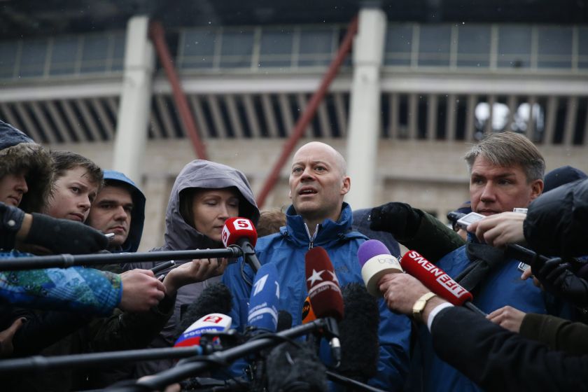 Head of FIFA inspection committee Christian Unger (centre) talks to the media as he inspects the Luzhniki Stadium, which is under construction, in Moscow, October 20, 2014. u00e2u20acu201d Reuters pic