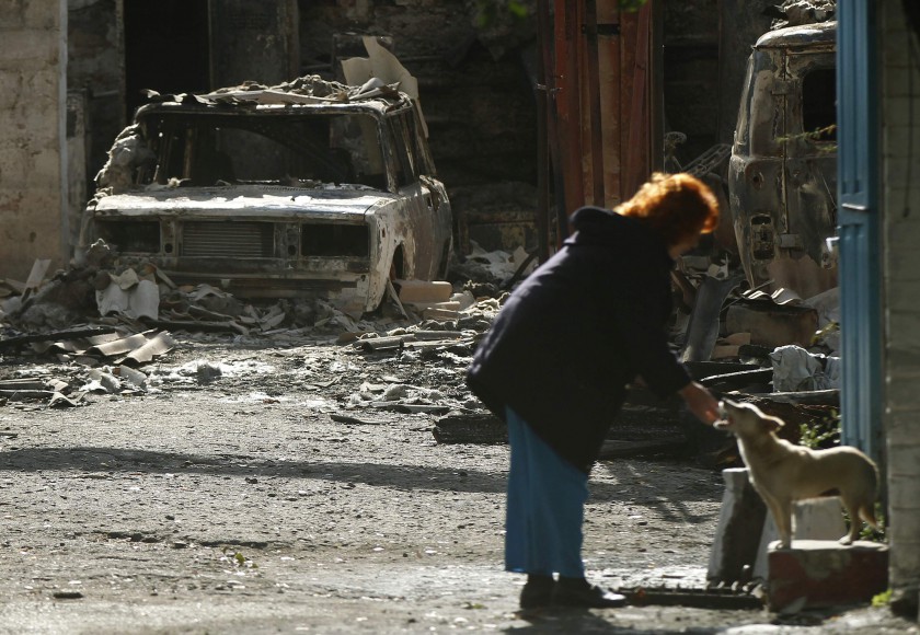 A woman feeds a dog in front of cars destroyed by shelling a day before, in the eastern Ukrainian town of Popasna, October 1, 2014. u00e2u20acu201d Reuters pic