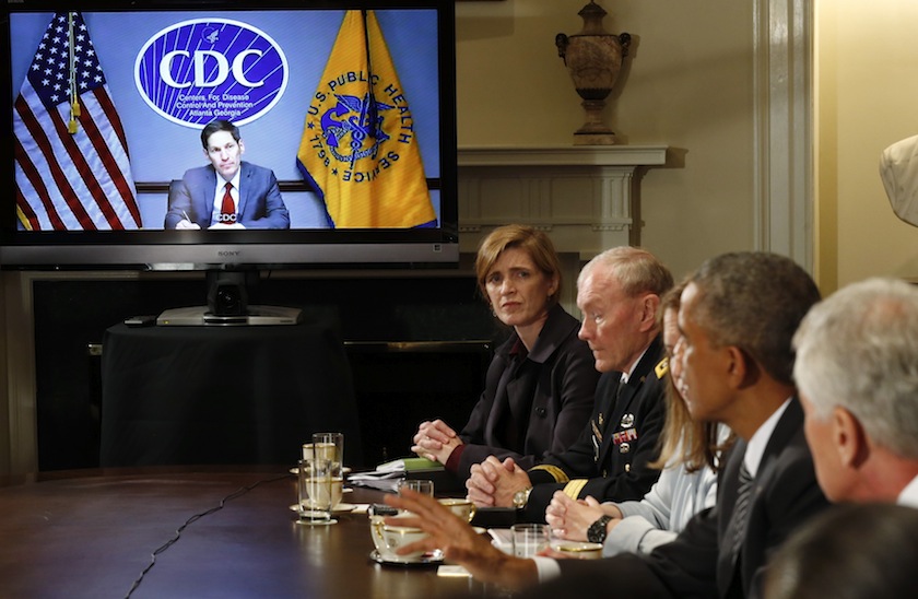 Director of  the US Centres for Disease Control and Prevention Tom Frieden listens via video conference as US President Barack Obama holds a meeting with cabinet agencies in the Cabinet Room of the White House in Washington October 15,  2014.u00c2u00a0u00e2u20acu201d Reuters