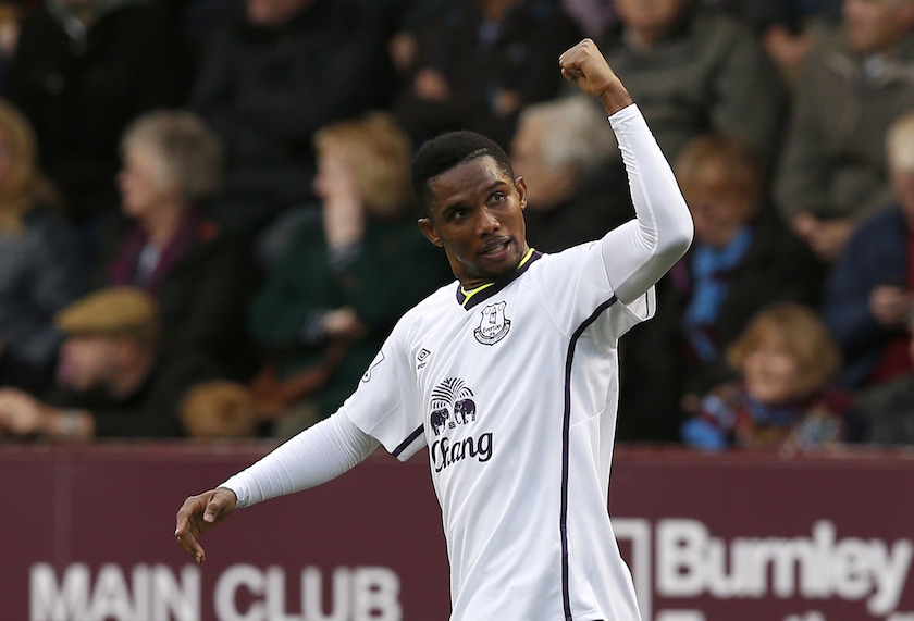 Evertonu00e2u20acu2122s Samuel Etou00e2u20acu2122o celebrates after scoring his teams third goal during their English Premier League match against Burnley at Turf Moor in Burnley, northern England October 26, 2014. u00e2u20acu201d Reuters pic