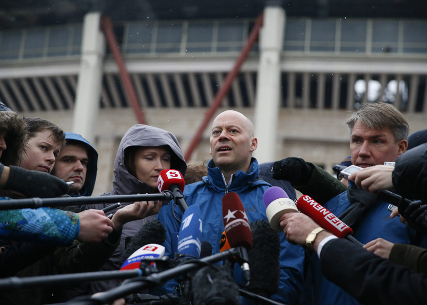 Head of FIFA inspection committee Christian Unger (C) talks to the media as he inspects the Luzhniki Stadium, which is under construction, in Moscow, October 20, 2014. u00e2u20acu201d Reuters pic