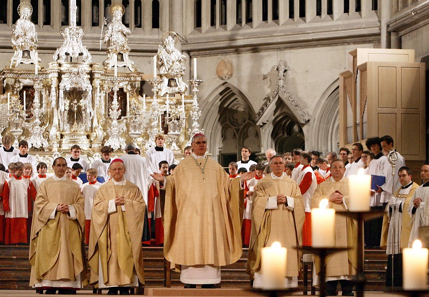 A mass is celebrated by Archbishop Gerhard Ludwig Muller 20 April 2005 at Regensburgu00e2u20acu2122s church a day after a German Cardinal Joseph Ratzinger was proclaimed the 265th Pope of the Roman Catholic church 19 April. u00e2u20acu201d AFP pic