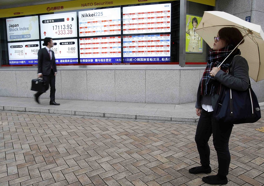 A pedestrian looks at an electronic board showing Japanu00e2u20acu02dcs Nikkei average and various stock prices outside a brokerage in Tokyo November 11, 2014. u00e2u20acu201d Reuters pic