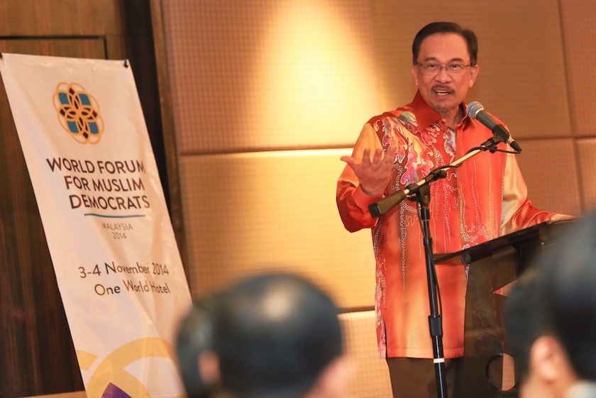 Datuk Seri Anwar Ibrahim speaks during u00e2u20acu02dcThe First International Conference on the World Forum for Muslim Democratsu00e2u20acu2122 dinner in Petaling Jaya November 2, 2014. u00e2u20acu201d Picture by Saw Siow Feng