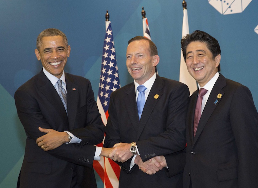 US President Barack Obama (left), Australian Prime Minister Tony Abbott and Japanese Prime Minister Shinzo Abe meet at the G20 summit in Brisbane November 16, 2014.u00c2u00a0u00e2u20acu201d Reuters pic
