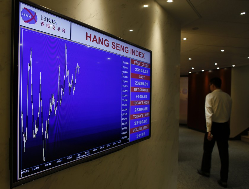 A screen displaying the Hang Seng Index is seen at the entrance to the Hong Kong Stock Exchange in Hong Kong October 28, 2014. u00e2u20acu201d Reuters pic