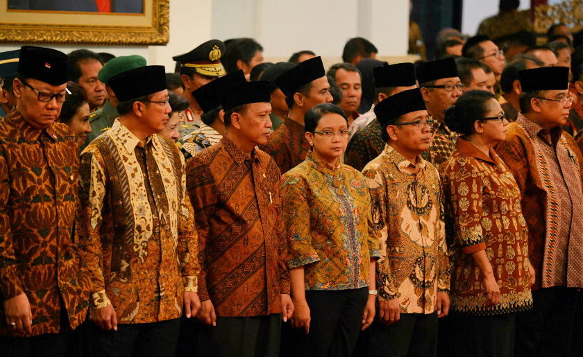 File picture shows Indonesian Minister of Home Affairs Tjahjo Kumolo (far left) during the official inauguration by new Indonesian President Joko Widodo (not in picture) at the Presidential Palace in Jakarta on October 27, 2014. u00e2u20acu201d AFP pic