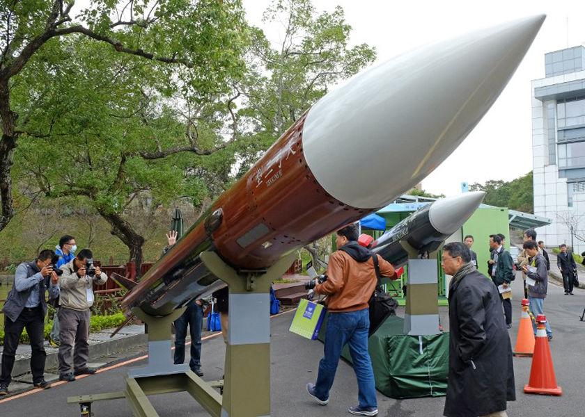 Local journalists watch a model of Tien Gong III missile at The Chungshan Institute of Science and Technology, December 23, 2014. u00e2u20acu201d AFP pic