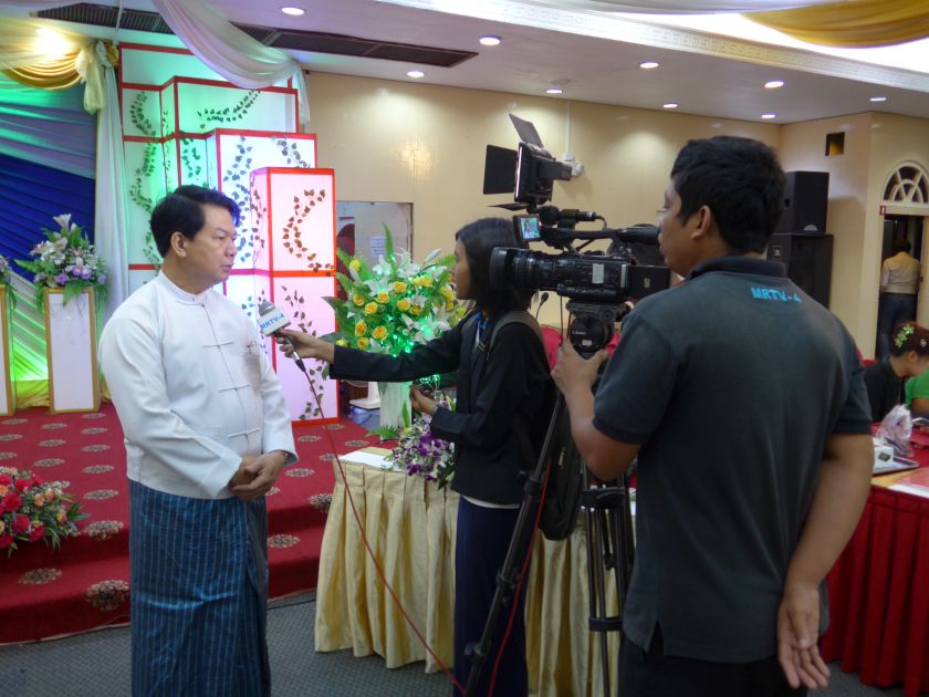 Myanmar Chess Federation President Maung Maung Lwin being interviewed during the tournament. — Picture courtesy of Peter Long