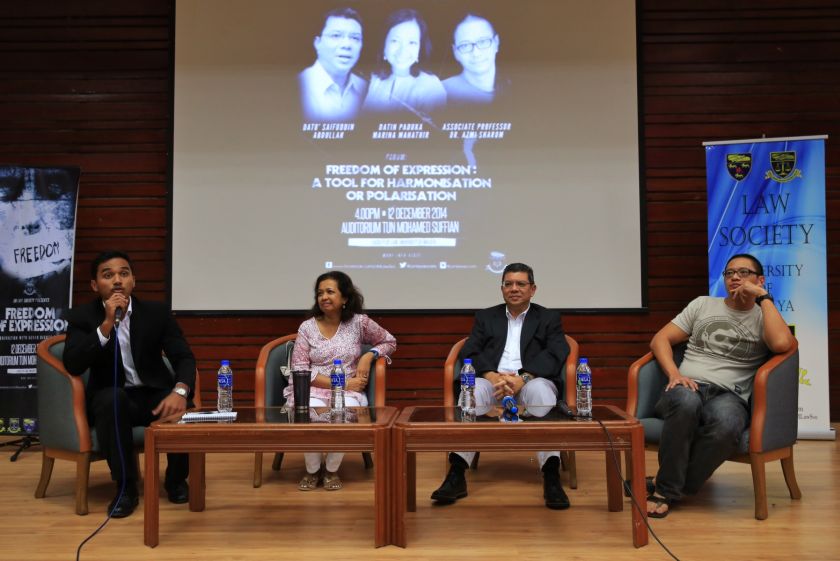 From left: Datin Paduka Marina Mahathir, Datuk Saifuddin Abdullah and Associate Professor Dr Azmi Sharom speak at a forum on freedom of expression at Universiti Malaya, December 12, 2014. u00e2u20acu201d Picture by Saw Siow Feng