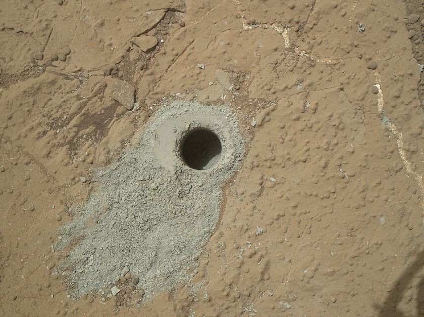 NASAu00e2u20acu2122s Mars rover Curiosityu00e2u20acu2122s hole drilled into a rock target, u00e2u20acu02dcCumberlandu00e2u20acu2122, on Mars on May 19, 2013, is shown in this NASA photo. REUTERS/NASA/Handout 