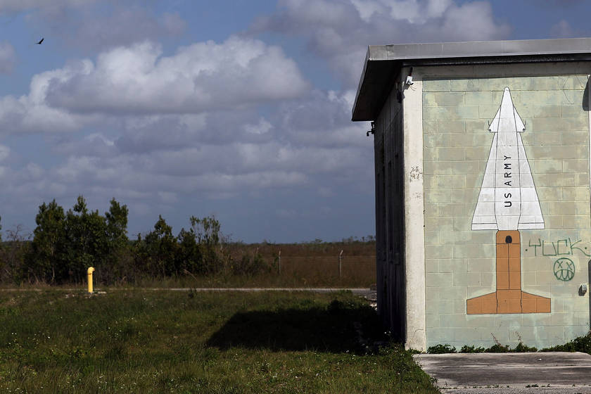 A rocket painted on the wall of a building that was used to support the launching of conventional and nuclear tipped missiles near Everglades City, Florida. The 80s was an era when the world gripped by thoughts of nuclear war. u00e2u20acu201d AFP picn
