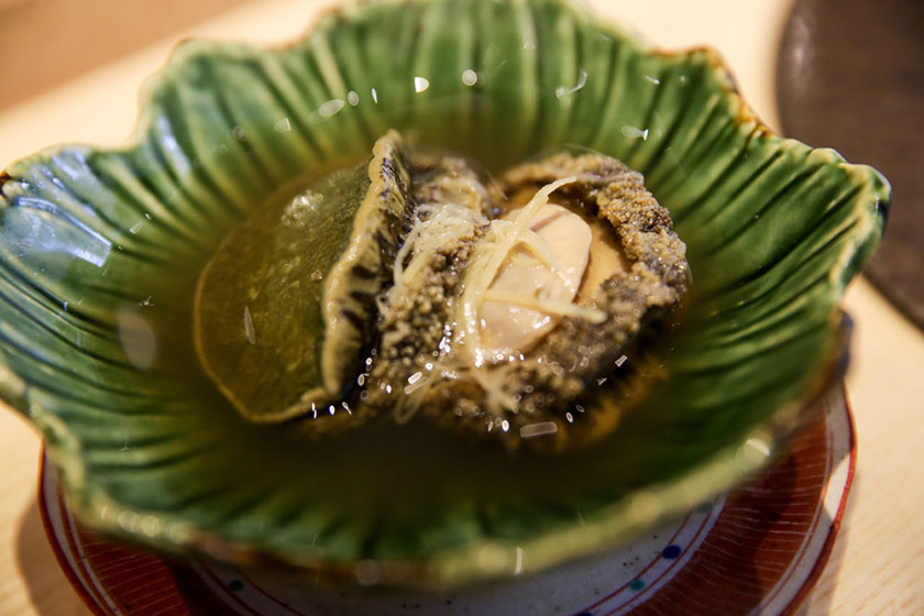 Braised abalone or awaebi for the omakase appetiser.