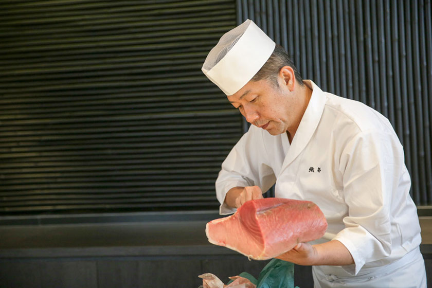 Chef Hideaki Oritsuki insists on the best ingredients, like this magnificent piece of tuna.
