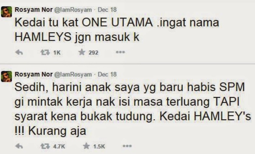 A screengrab of Rosyam Nor's tweet about Hamley's. 