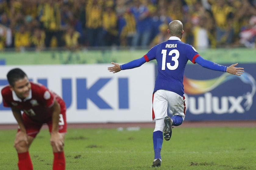 Malaysia's Indra Putra Mahayuddin celebrates scoring against Thailand during their Suzuki Cup final match at Bukit Jalil stadium in Kuala Lumpur December 20, 2014. u00e2u20acu201d Reuters pic