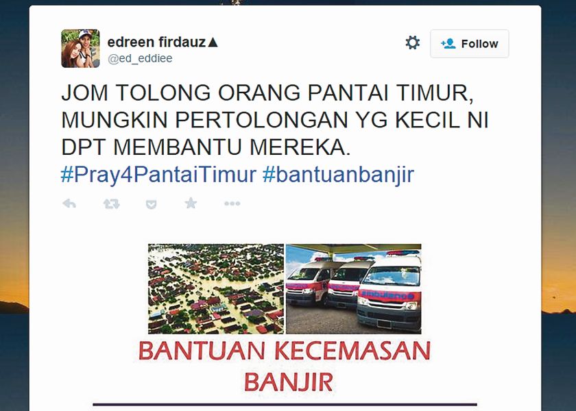 A screenshot of the #BantuanBanjir rally call on Twitter. 