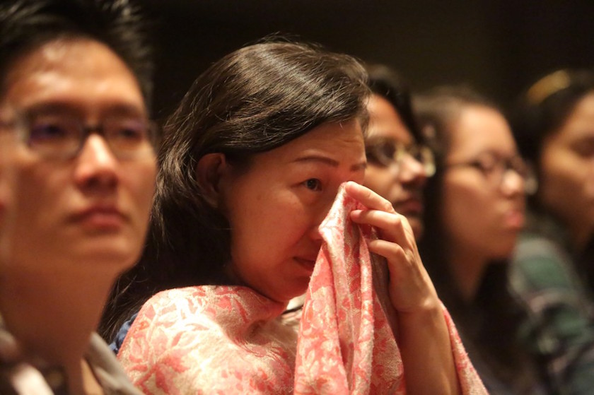 An audience member is moved to tears during Goodall’s talk.
