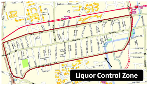 Liquor control zone in Geylang. — Today graphic