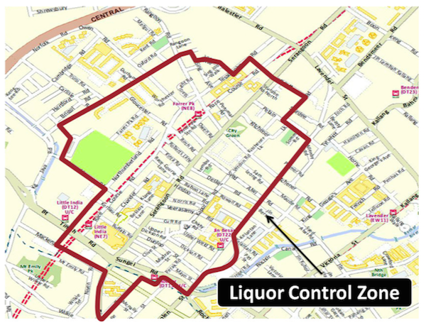 Liquor control zone in Little India. — Today graphic
