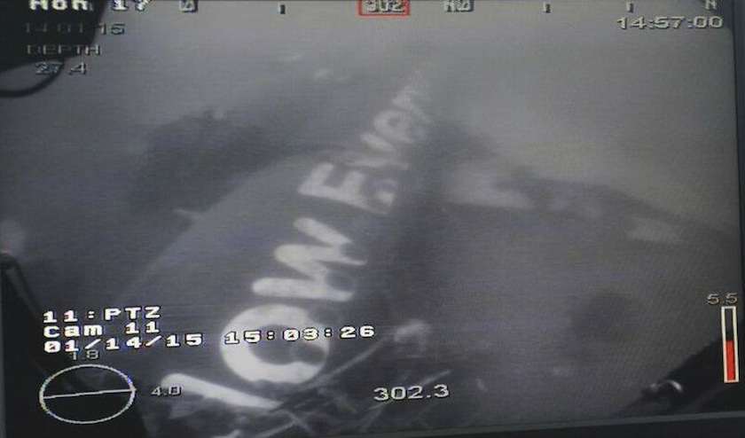 A part of the fuselage of the AirAsia Flight QZ8501, is seen in an image captured by the Remotely Operated Vehicle (ROV) on the Singapore Navy's MV Swift Rescue, in the Java Sea on January 14, 2015. — Reuters pic
