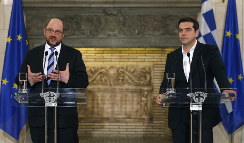 Greek Prime Minister Alexis Tsipras (right) and European Parliament President Martin Schulz hold a joint statement to media in the Greek Premier's office in Athens January 29, 2015. u00e2u20acu201d Reuters pic