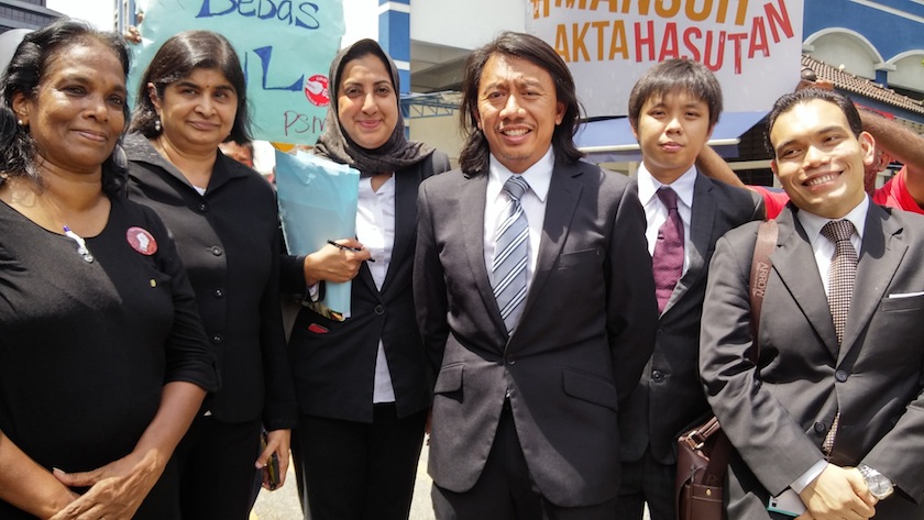 Parti Socialis Malaysia (PSM) Secretary-General S. Arutchelvan  lawyers at the Dang Wangi district police station after securing Arul's release in Kuala Lumpur, February 20, 2015. u00e2u20acu201d Picture by Yiswaree Palansamy