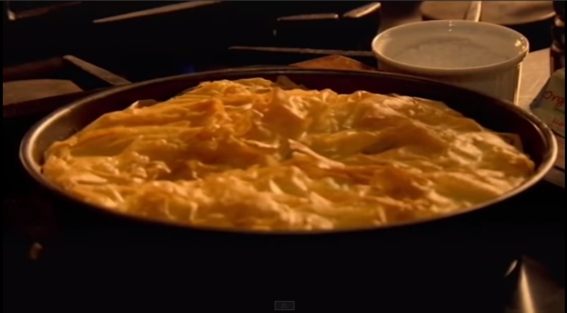 This screenshot from Gordon Ramsey's YouTube channel shows a finished chicken pastilla, also known as a Moroccan pie.