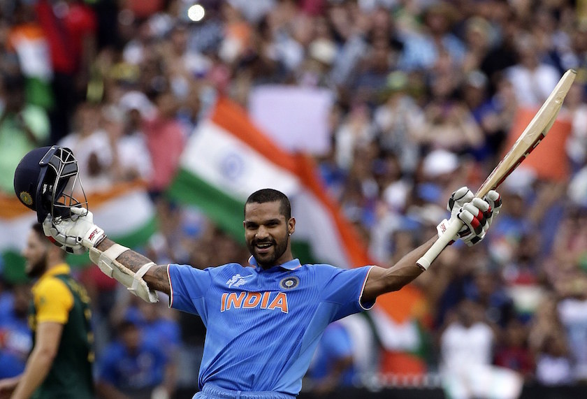 Indiau00e2u20acu2122s Shikhar Dhawan celebrates after reaching his century during the Cricket World Cup match against South Africa at the Melbourne Cricket Ground (MCG) February 22, 2015. u00e2u20acu201d Reuters pic